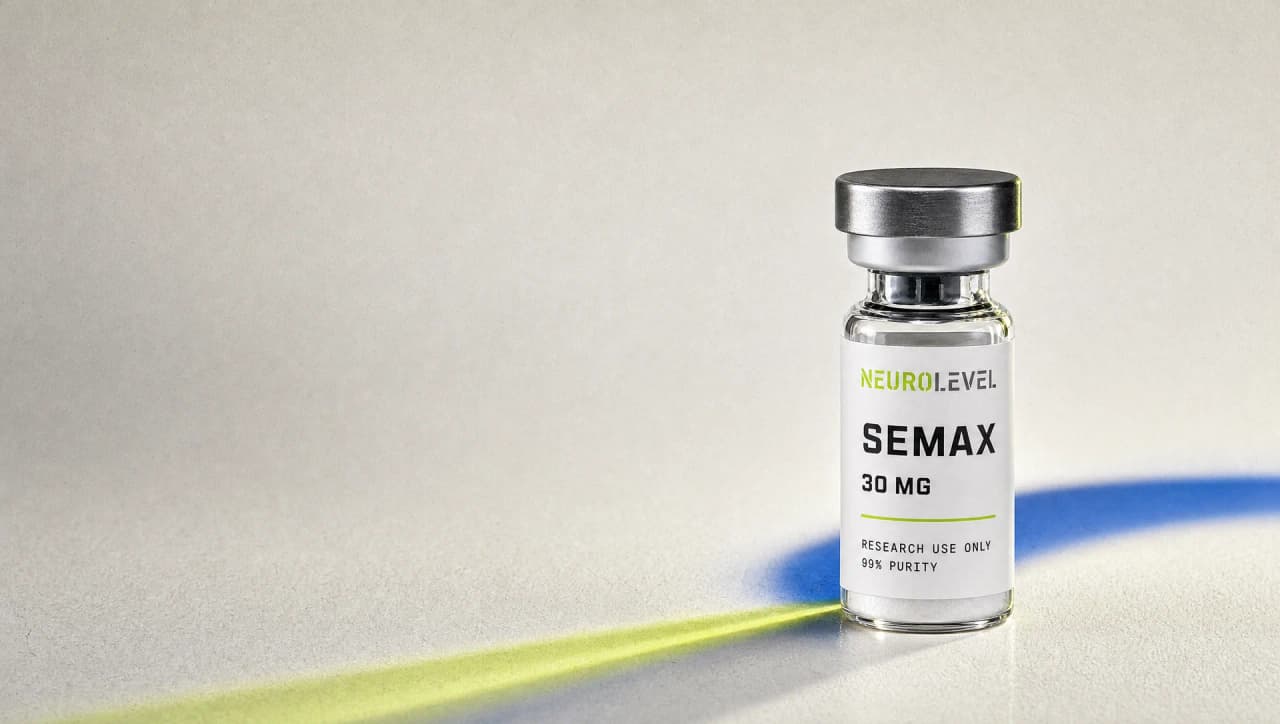 Neurolevel Semax research vial in a warm off-white studio under soft cold light, with acid-lime and cobalt-blue accents
